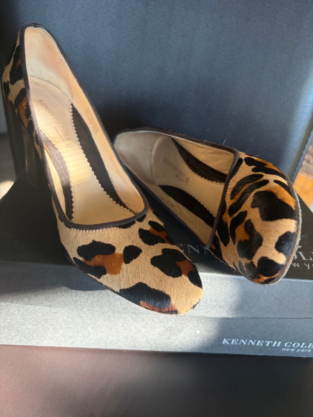 Kenneth Cole New York Women Block Heels Leopard Calf Hair Pumps Size 6.5